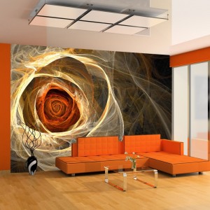 Modernistyczny salon w kolorach pomarańczy. W tle animacja róży w niesamowitym efekcie.